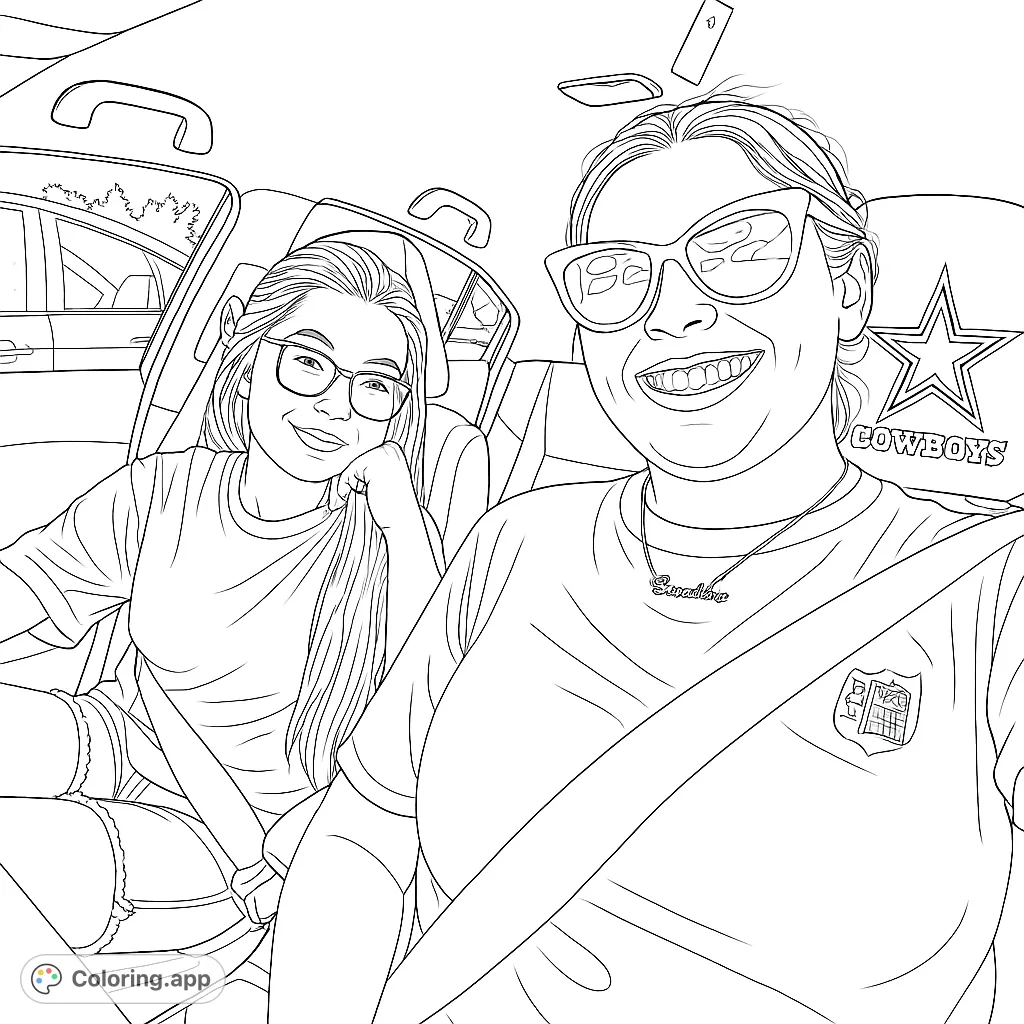 Capture a moment of joy with two friends on a car ride. This free printable coloring page features smiling faces and car interior details for a fun coloring experience.
