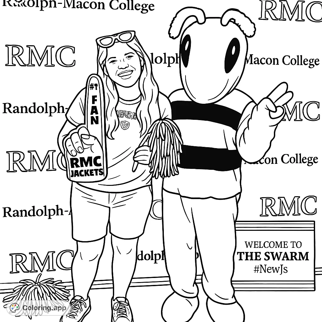 A cheerful college fan poses with a friendly bee mascot against a branded wall, celebrating campus spirit. Perfect for school pride coloring.