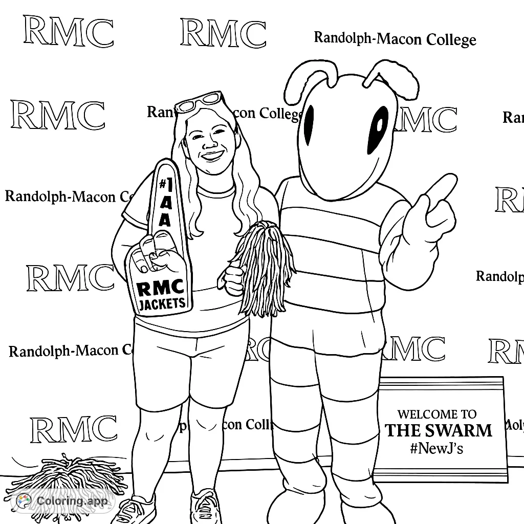Celebrate school spirit with this fun coloring page featuring a cheerful fan and a friendly bee mascot. Perfect for college events and school pride!