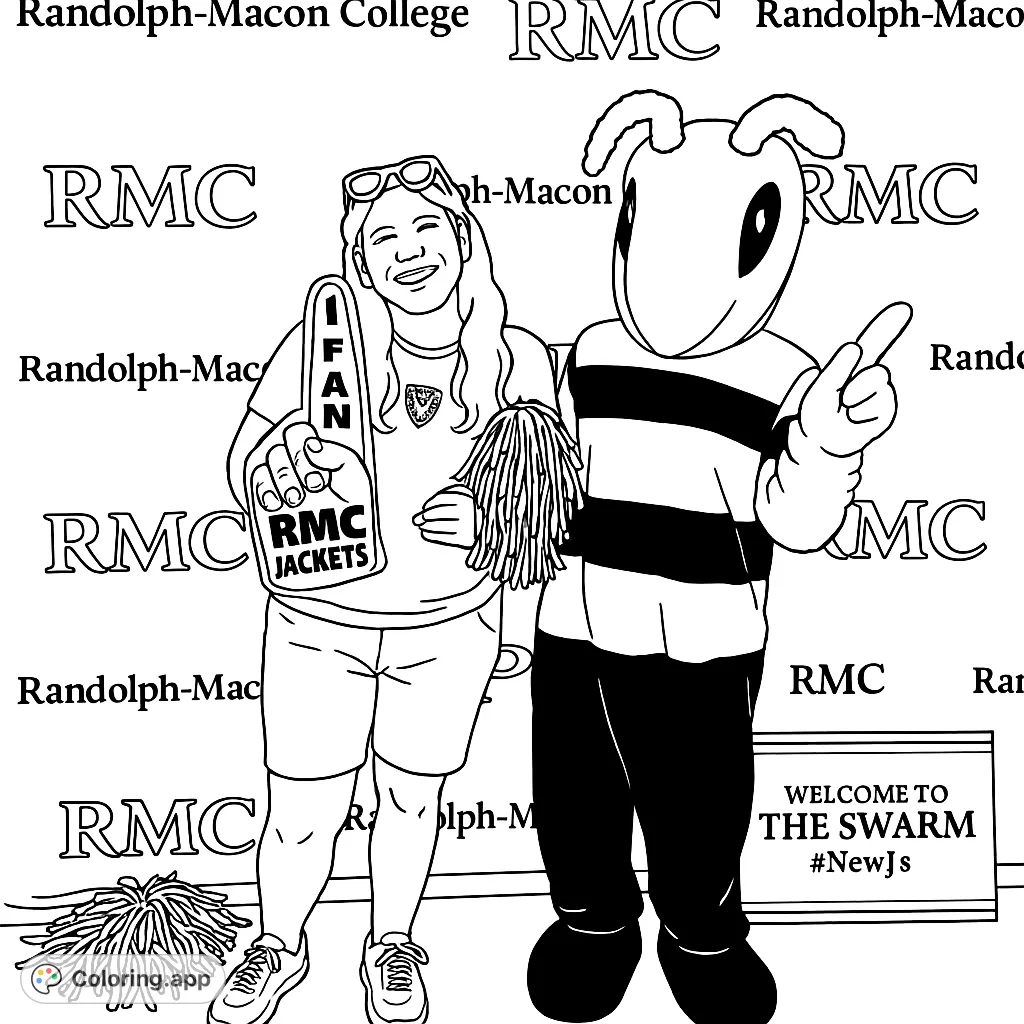 Celebrate school spirit with this fun coloring page featuring a cheerful fan and a friendly bee mascot. Perfect for college events and school pride!