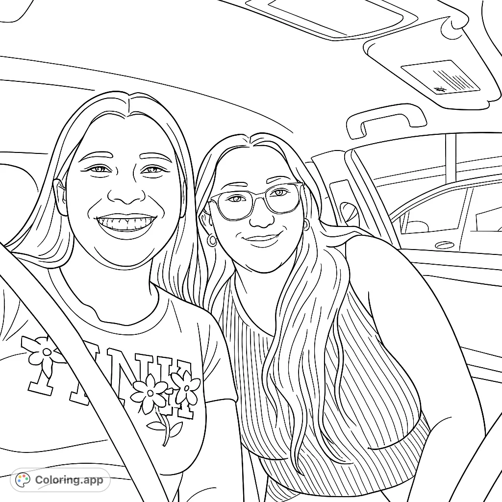 Two smiling friends enjoying a car ride, ready for a fun coloring adventure. Perfect for personalizing with your favorite shades and details.