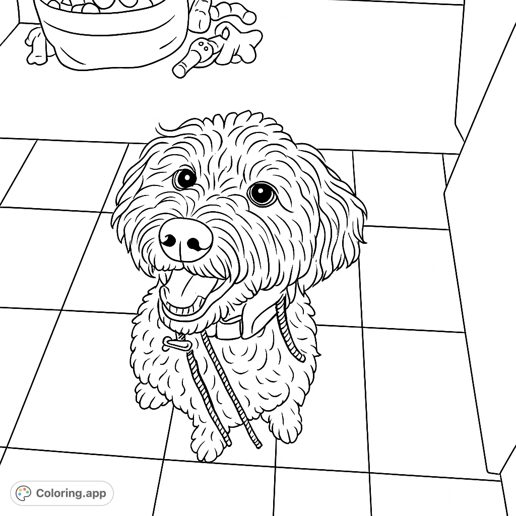 A delightful curly-haired dog sits patiently, ready for playtime. This charming dog coloring page captures a moment of joyful anticipation, perfect for all ages.