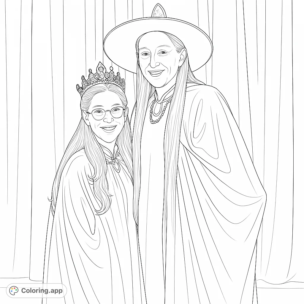Discover a magical scene with two enchanting fantasy figures, one adorned with a crown and the other with a wide-brimmed hat, both in flowing cloaks.