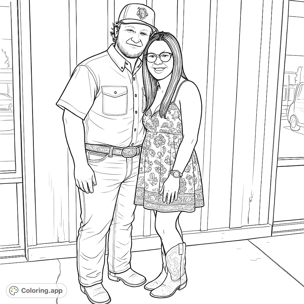 Capture the charm of a country couple in this delightful coloring page. Features a man in jeans and a woman in a patterned dress and boots.