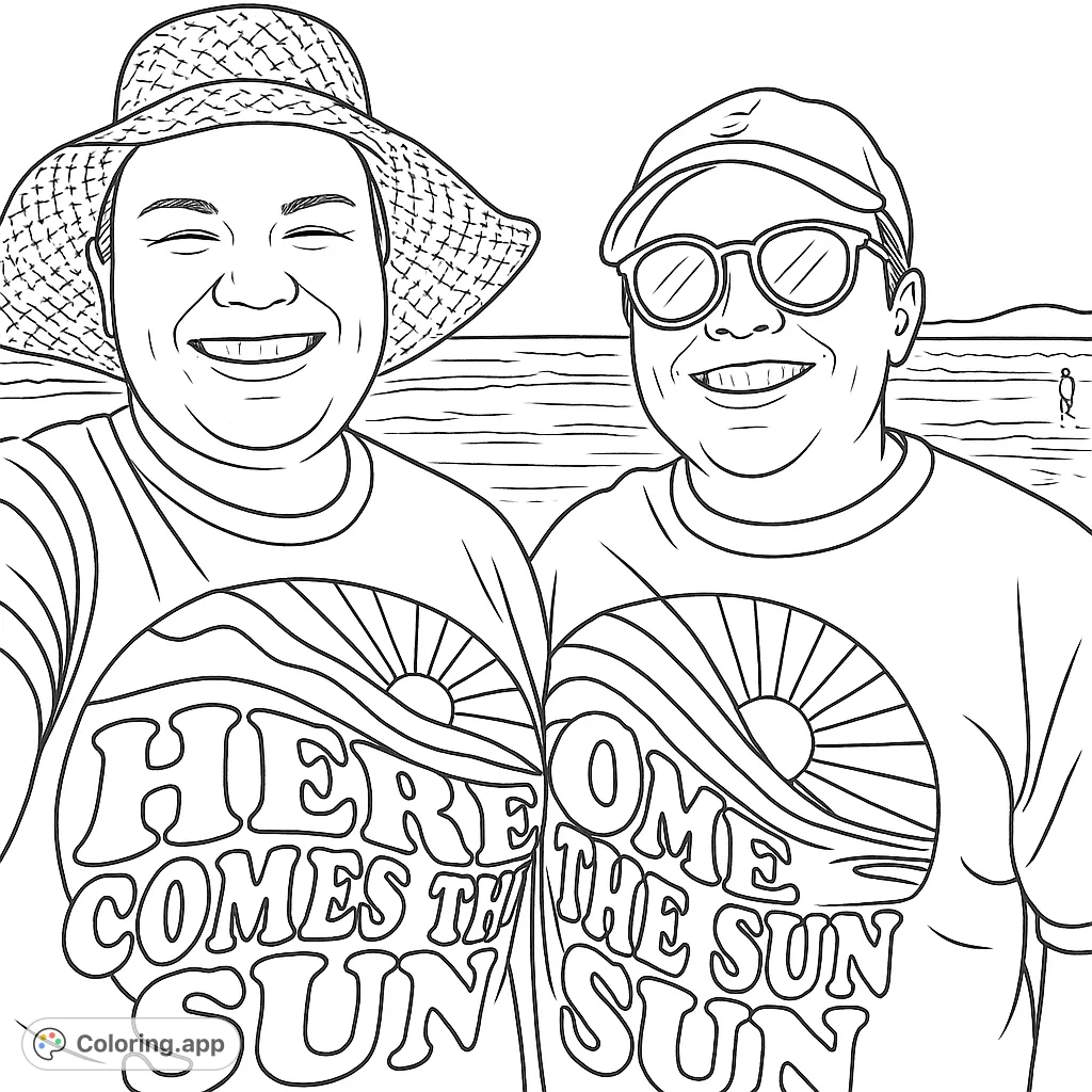 Two smiling friends on a sunny beach, wearing matching shirts with a vibrant sun and wave design. Perfect for a relaxing coloring experience.