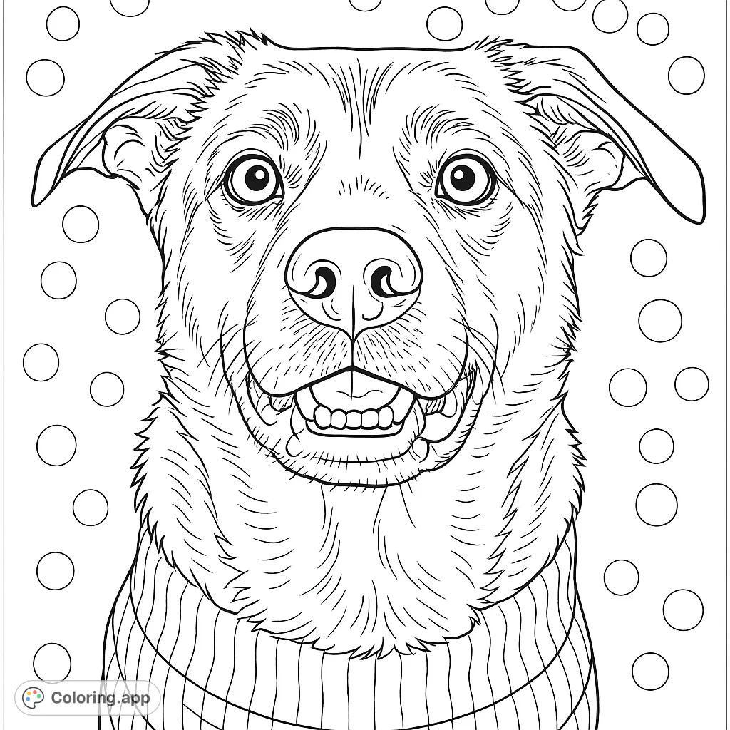 A heartwarming dog portrait featuring a friendly canine in a cozy sweater, perfect for animal lovers. Free printable dog coloring page.