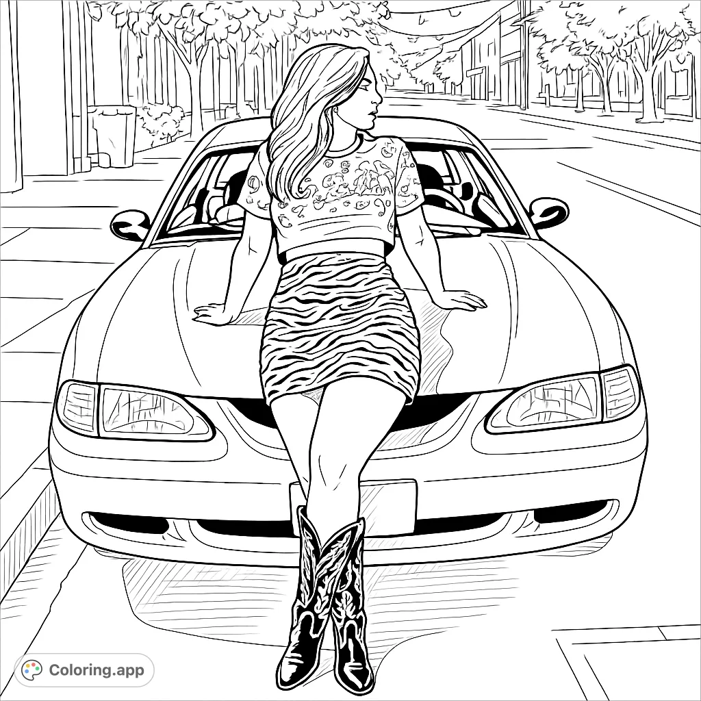 Capture urban style with this street scene coloring page. A person leans on a sleek car, featuring a patterned skirt and boots, set against a city backdrop.