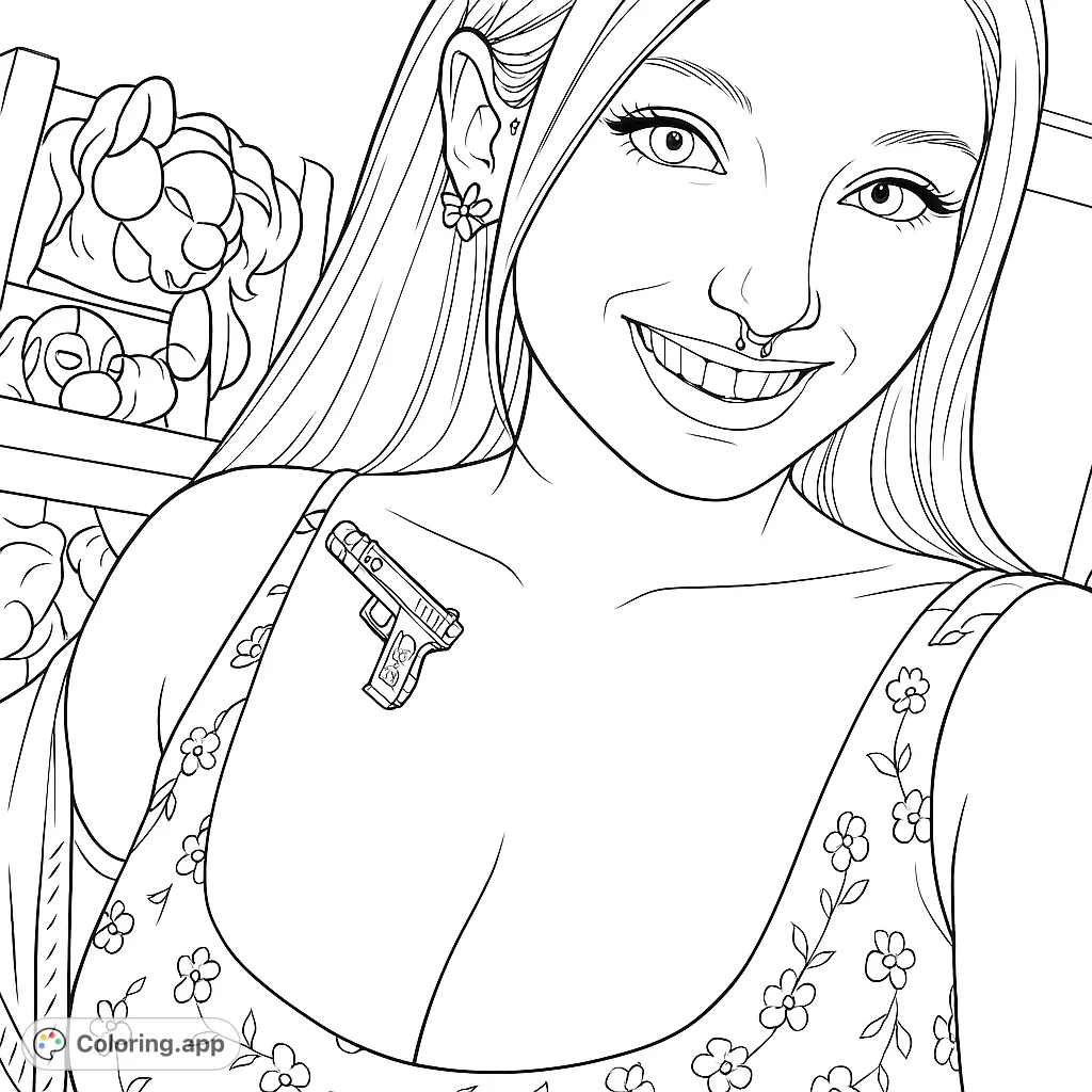 A charming fantasy portrait featuring a smiling person with elf ears, a key tattoo, and a floral top, perfect for creative expression.