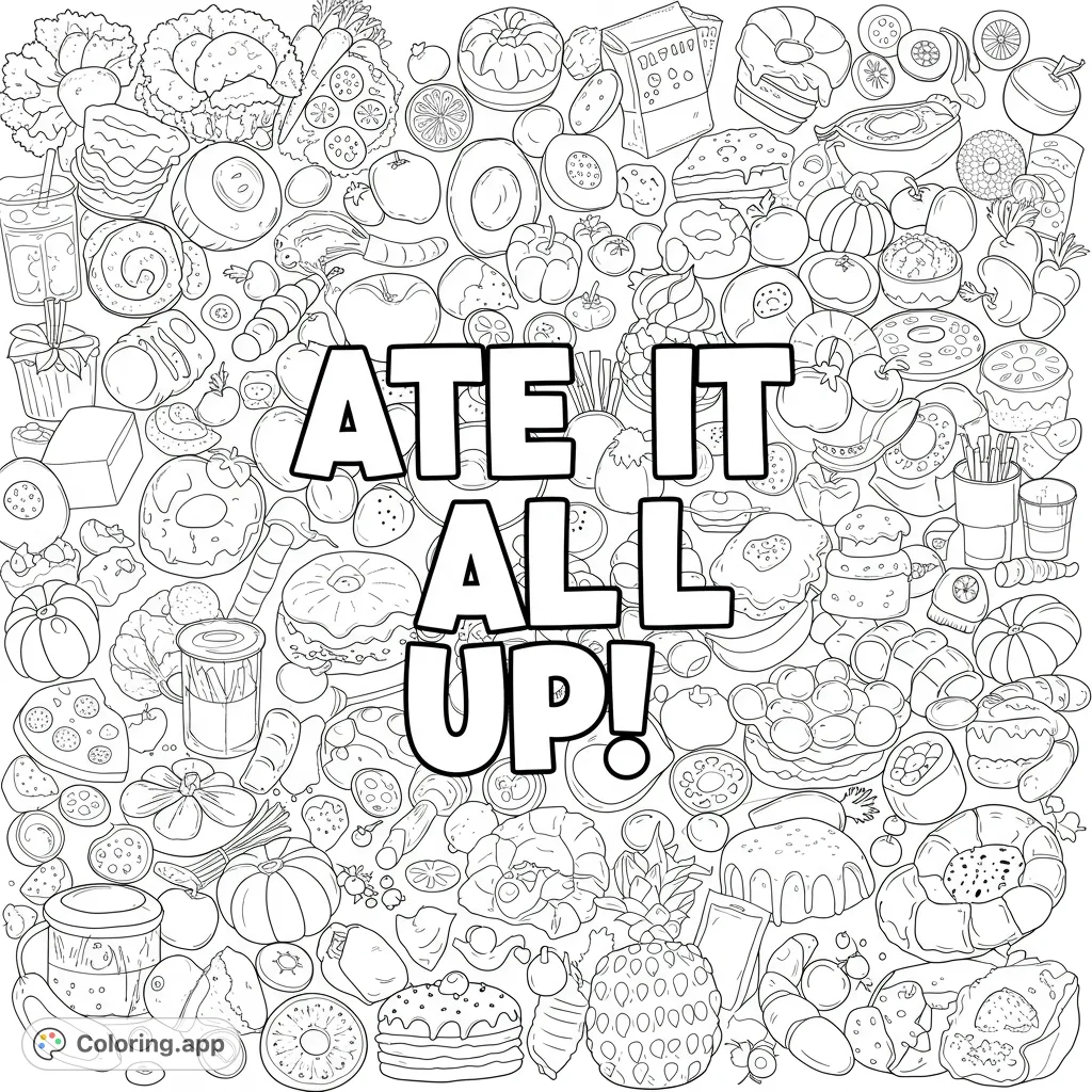 A playful scene of various food items scattered around bold text, perfect for a fun and imaginative coloring experience for kids and food lovers.