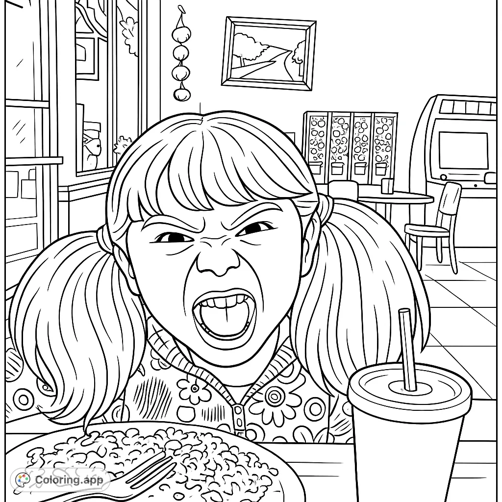 Capture a moment of playful energy with this funny face coloring page! A child with pigtails makes a silly expression at a restaurant table with food and drink.