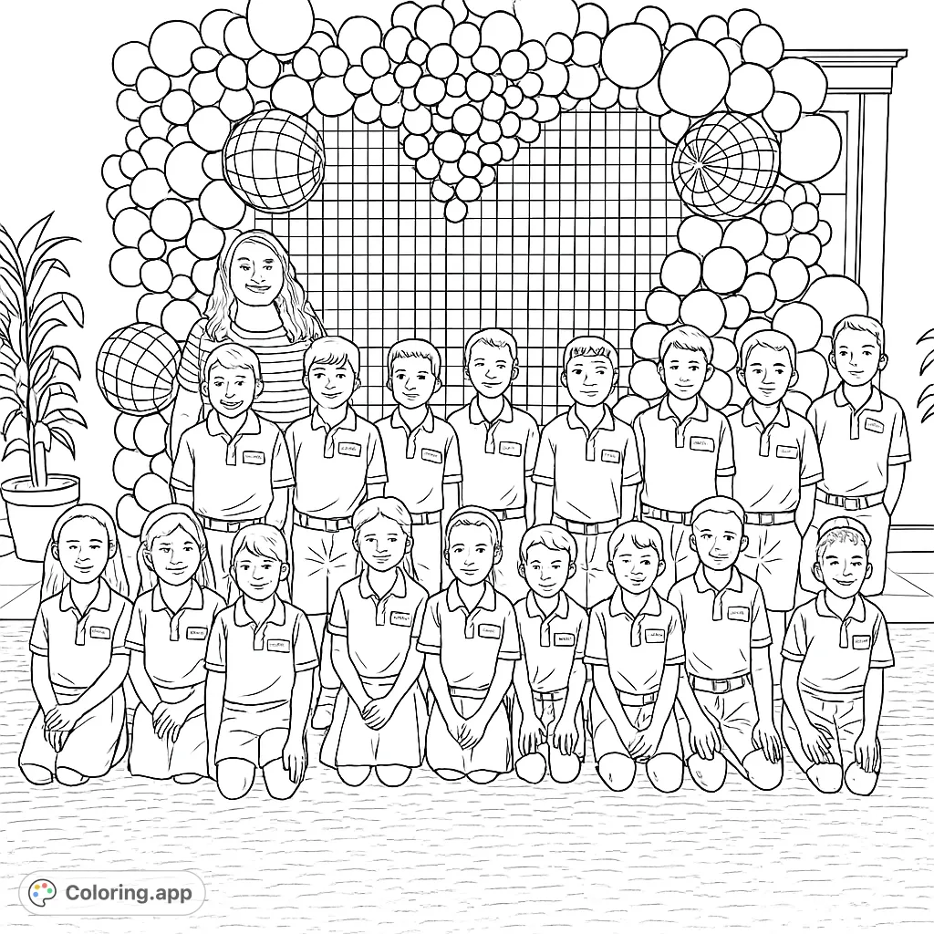 Celebrate school spirit with this charming group portrait coloring page. Features children and an adult against a festive balloon arch, perfect for all ages.