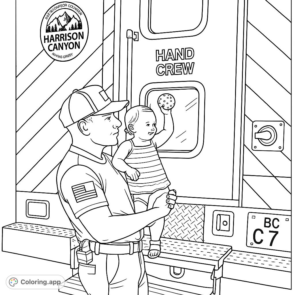 A heartwarming firefighter coloring page featuring a community hero holding a baby by a fire truck. Perfect for kids and adults to celebrate safety and service.