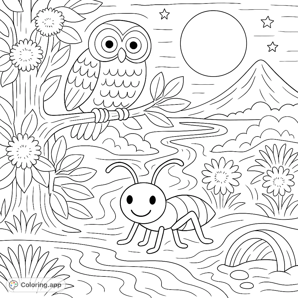 A charming night scene featuring a wise owl on a branch, a friendly insect on a path, and a moonlit landscape with a mountain and river.