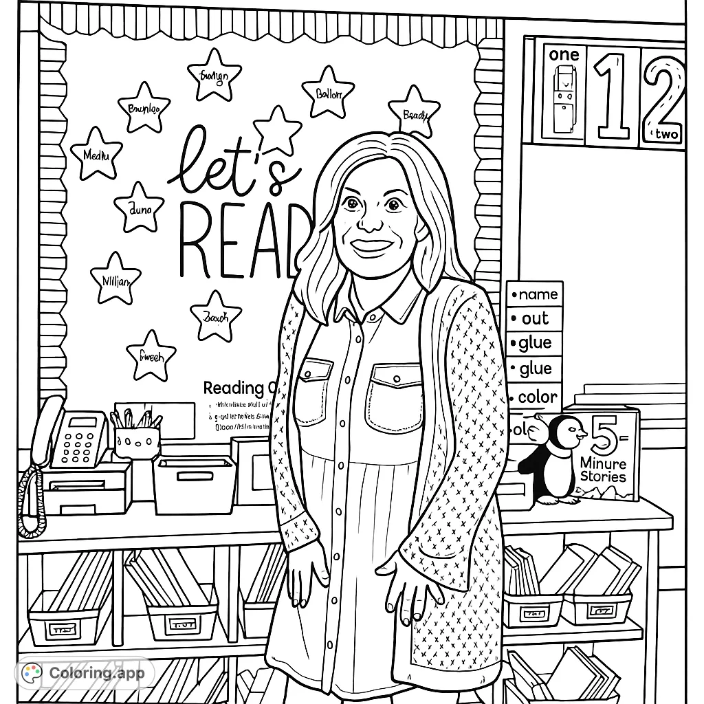 A welcoming classroom scene featuring a teacher by a "Let's Read" display, surrounded by books and learning materials. Perfect for young learners.