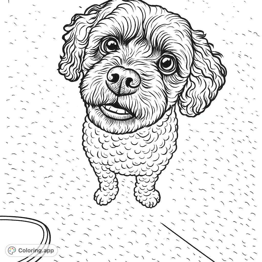 An adorable curly-haired dog looks up with a sweet expression, ready for a fun coloring adventure. Perfect for dog lovers of all ages!
