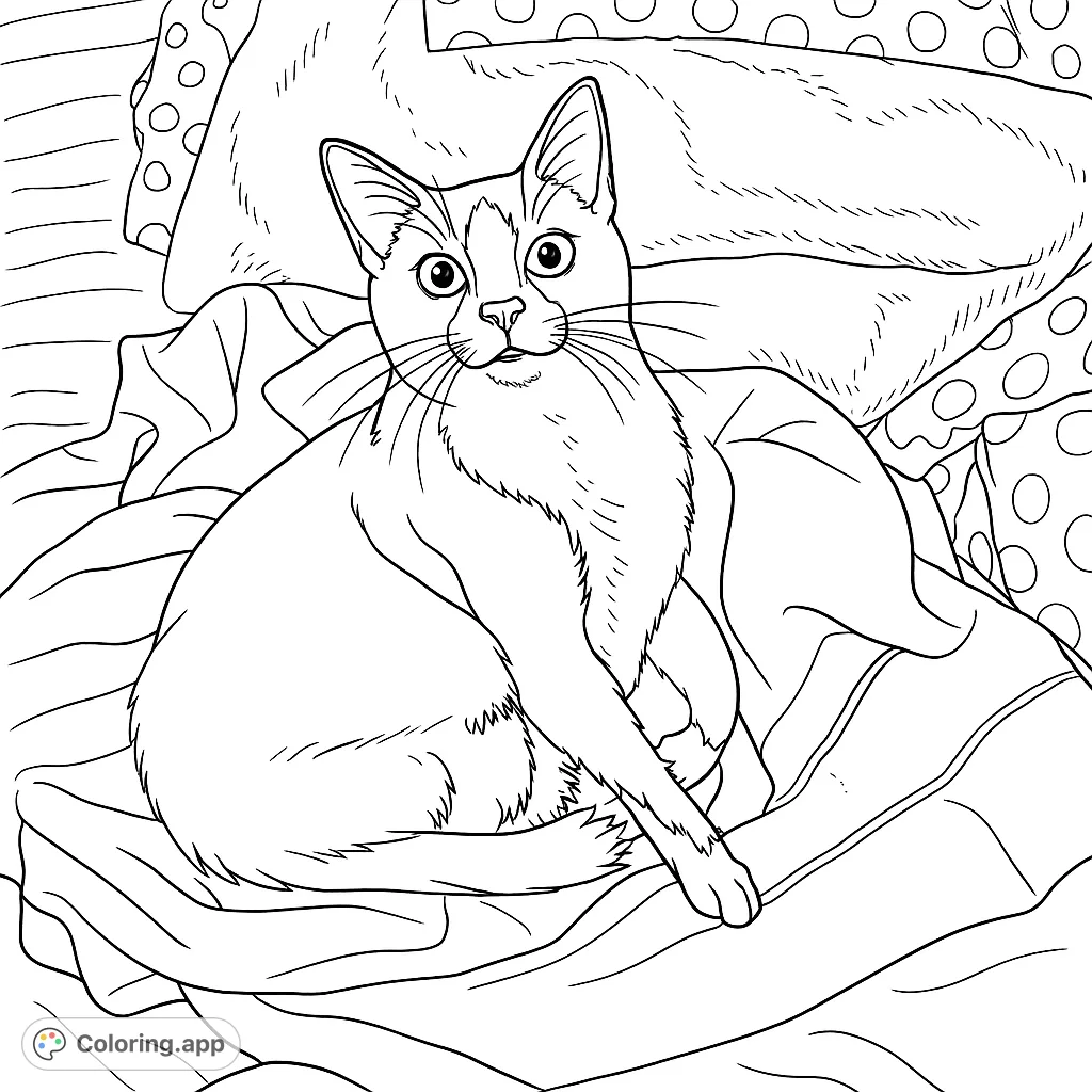A charming cat with distinctive markings sits attentively on a cozy bed, ready for your creative touch. Perfect for cat lovers!