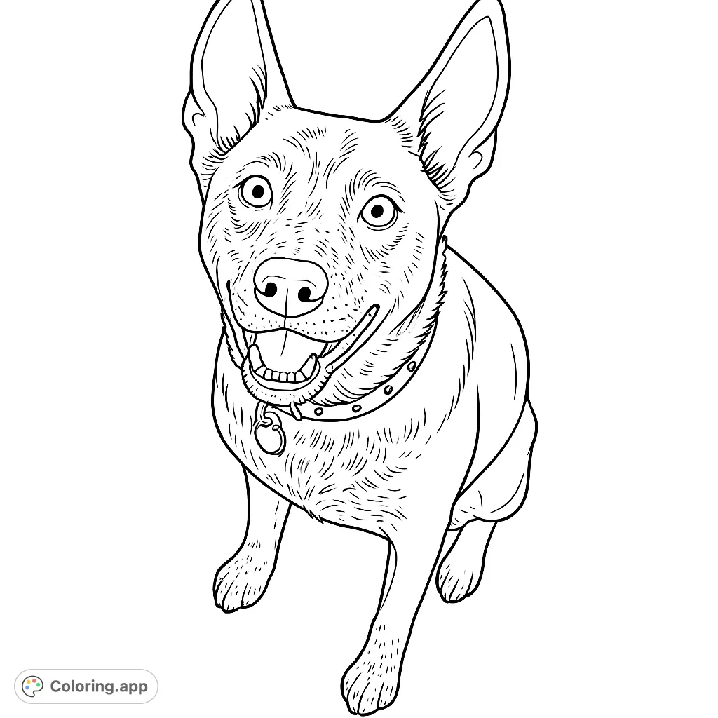 A charming dog with perked ears and a happy expression, featuring unique markings and a collar. Perfect for animal lovers of all ages.