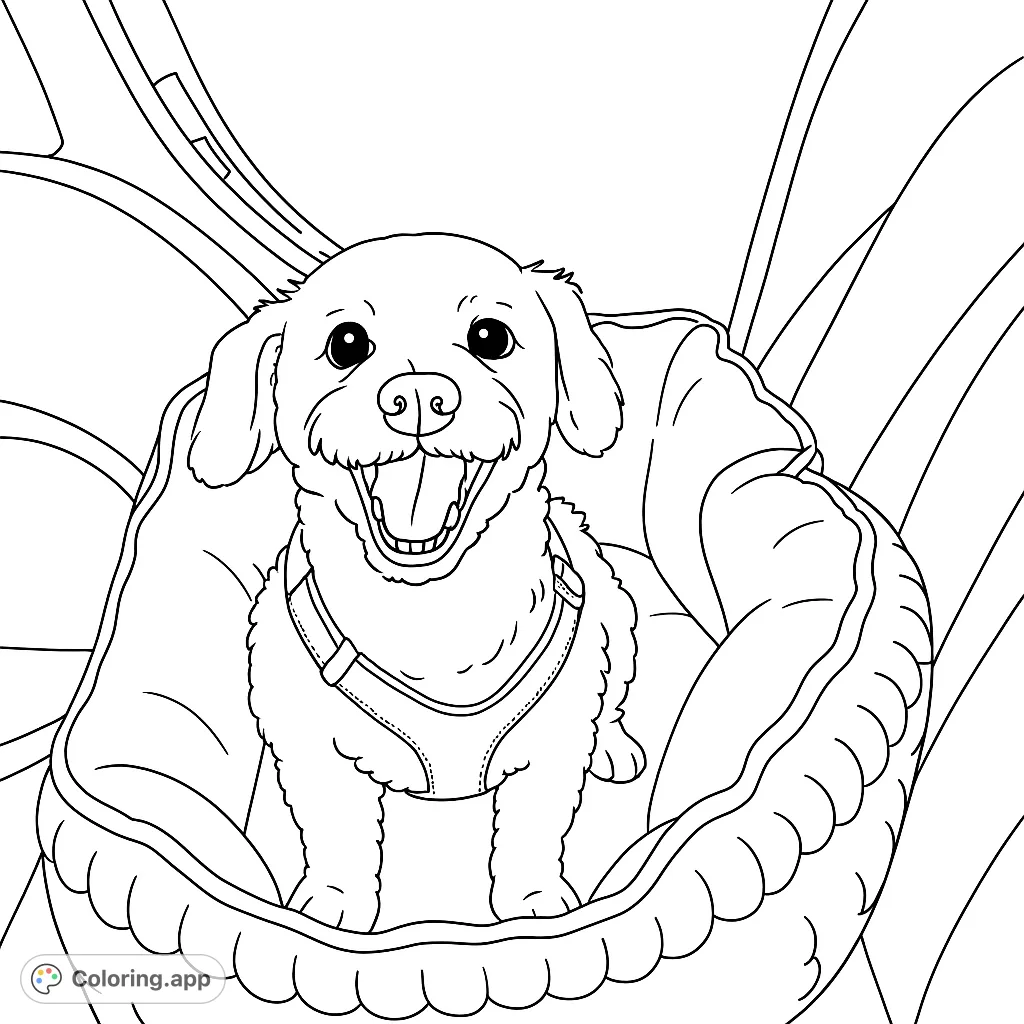A cheerful dog sits happily in a car seat, ready for an adventure. This adorable pet coloring page is perfect for animal lovers of all ages!
