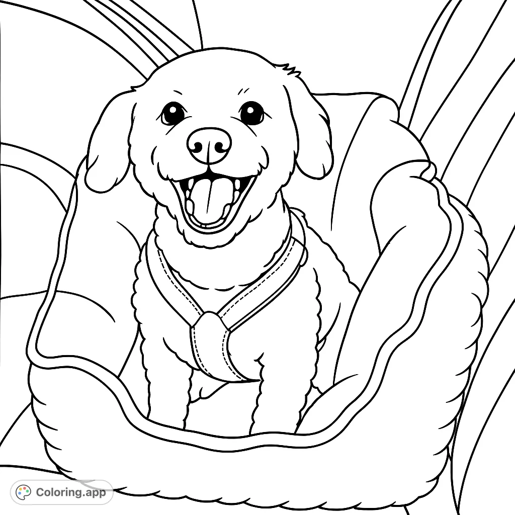 A cheerful dog sits happily in a car seat, ready for an adventure. This adorable pet coloring page is perfect for animal lovers of all ages!