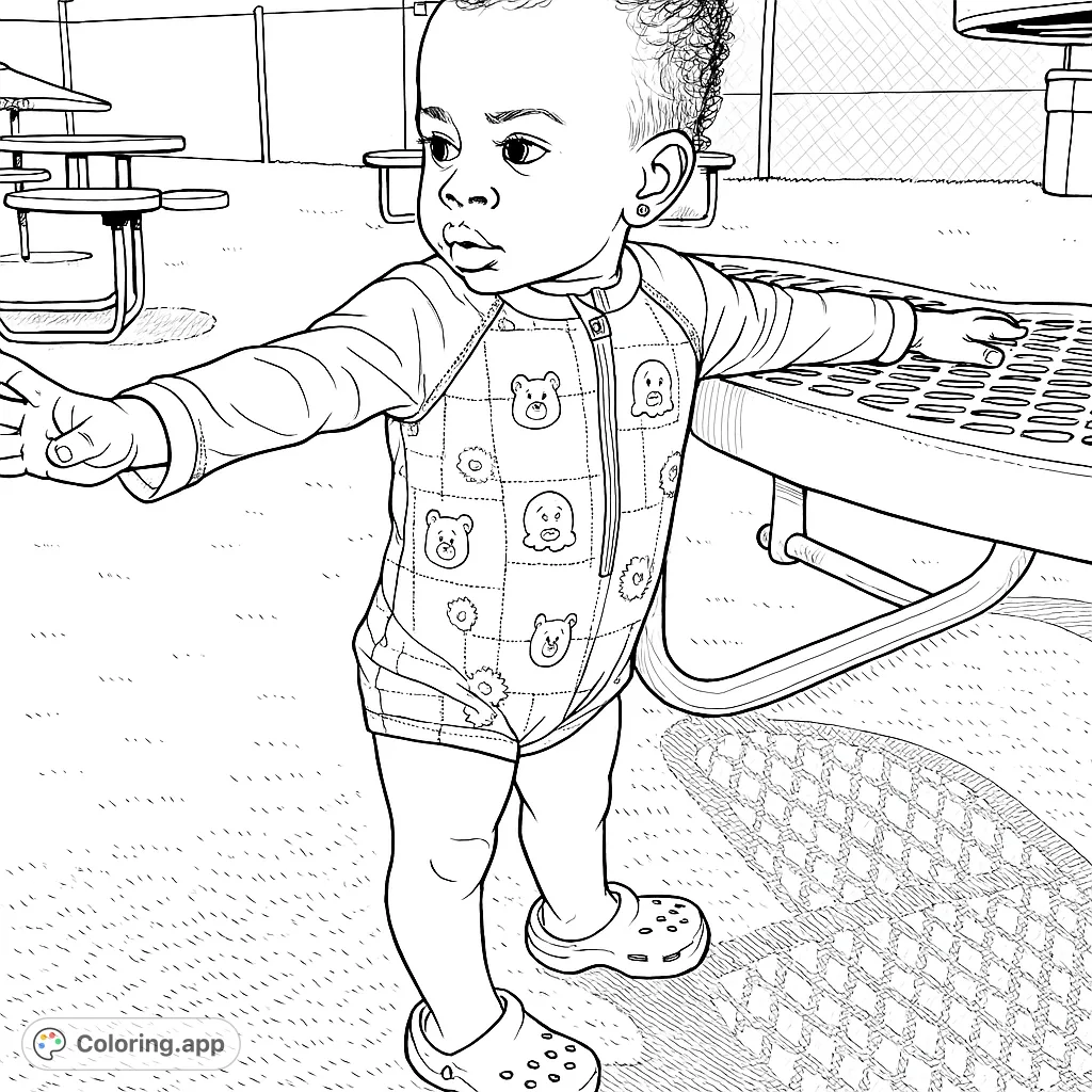 A delightful coloring page featuring a playful child in a patterned rash guard, leaning on a picnic table outdoors. Perfect for young artists!