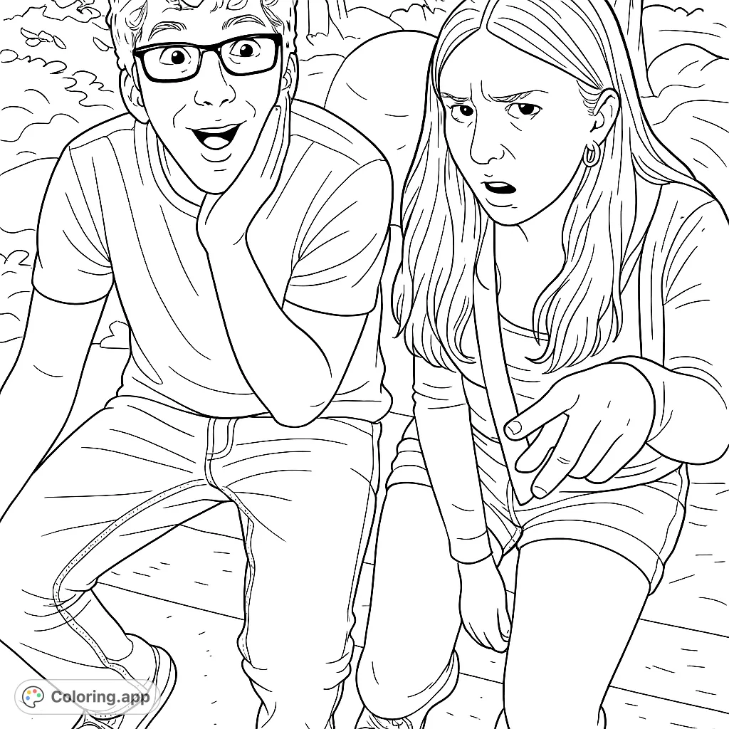 Two friends with funny, expressive faces in an outdoor setting, perfect for a fun and engaging coloring activity for all ages.