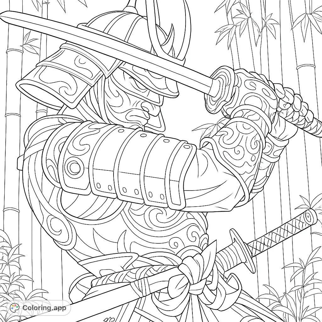 An intricately detailed samurai warrior in full armor, wielding a katana against a serene bamboo forest backdrop. Perfect for history and fantasy enthusiasts.