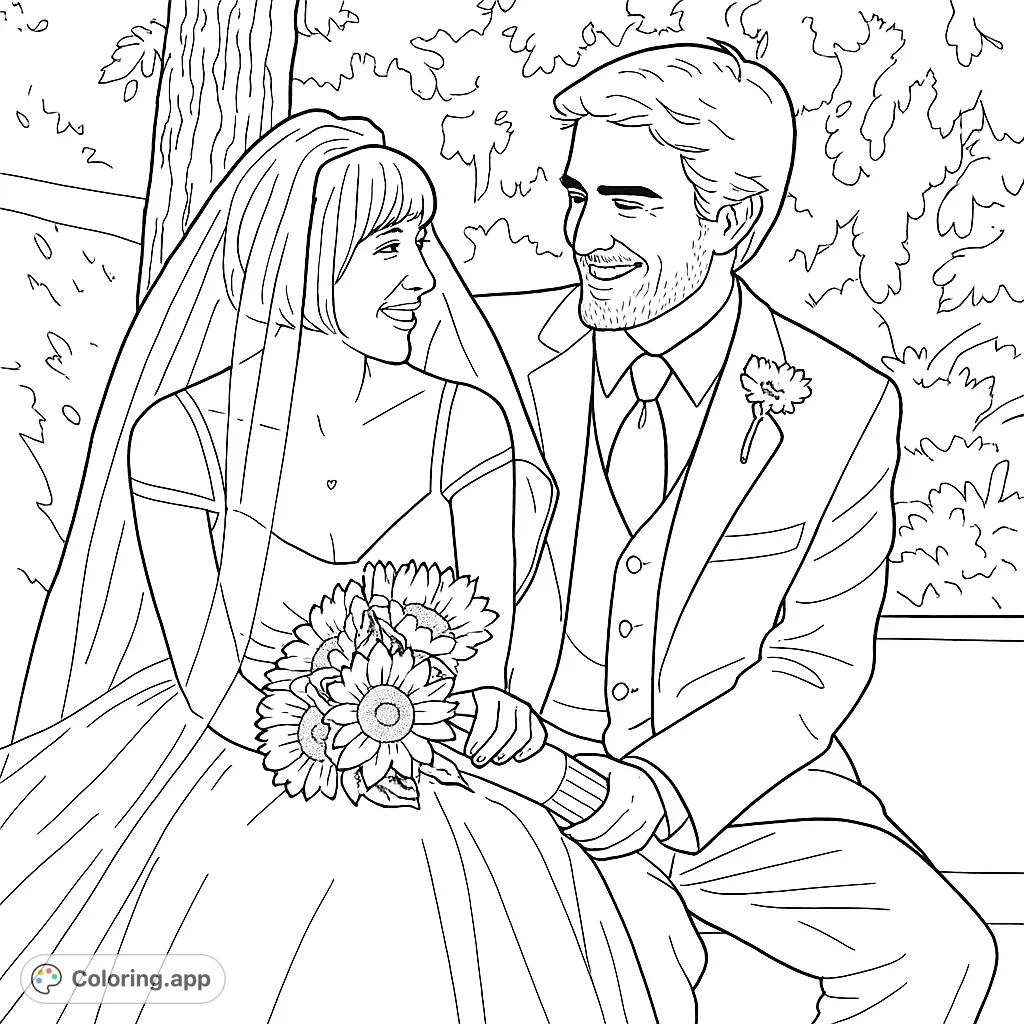 Celebrate love with this wedding couple coloring page. A joyful bride and groom share a tender moment, perfect for personalizing with your favorite colors.