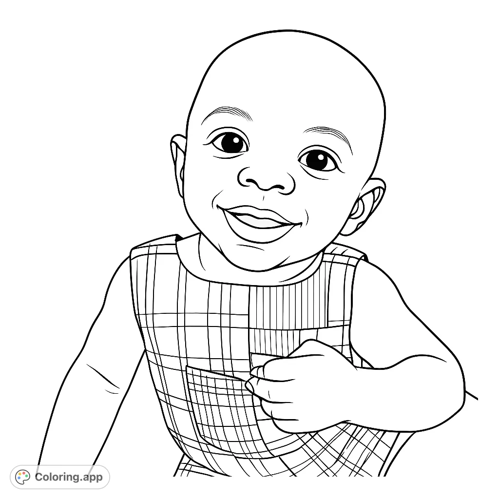 A delightful baby with a joyful smile, wearing a charming plaid and striped romper. Perfect for a heartwarming coloring experience, offering both simple and detailed areas.