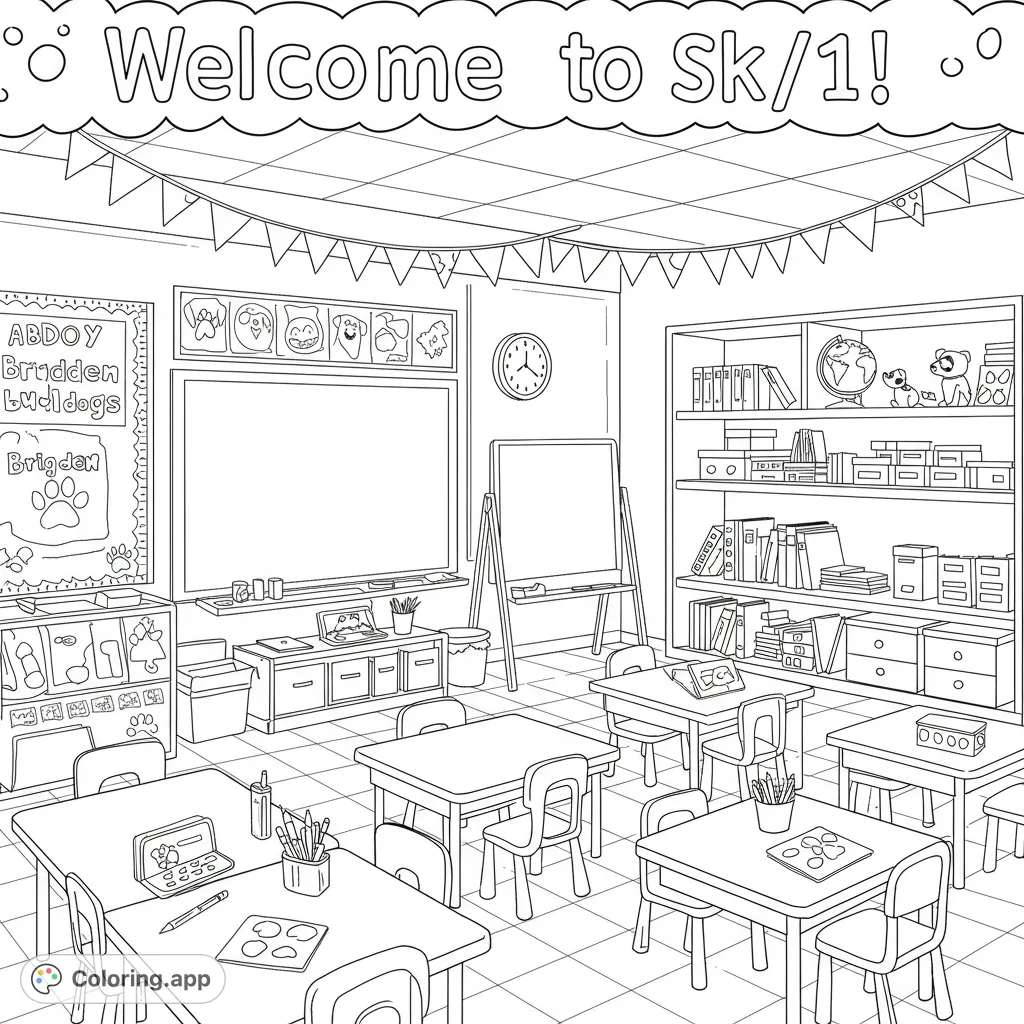 A cheerful classroom scene featuring 'Welcome to SK/1!' in bubble letters, tables, chairs, and school supplies, perfect for young learners.