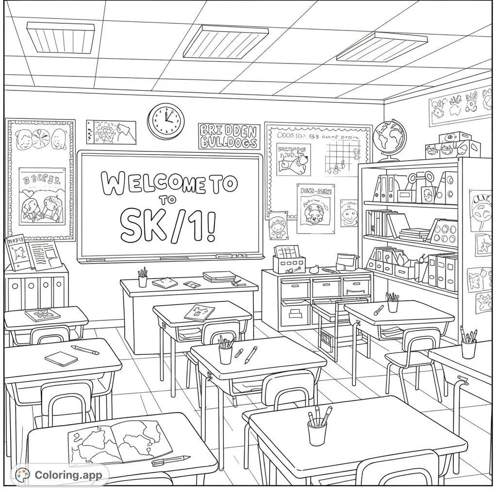 A cheerful classroom scene with 'Welcome to SK/1!' in bubble letters, featuring school supplies, a dog paw detail, and 'Brigden Bulldogs' text.