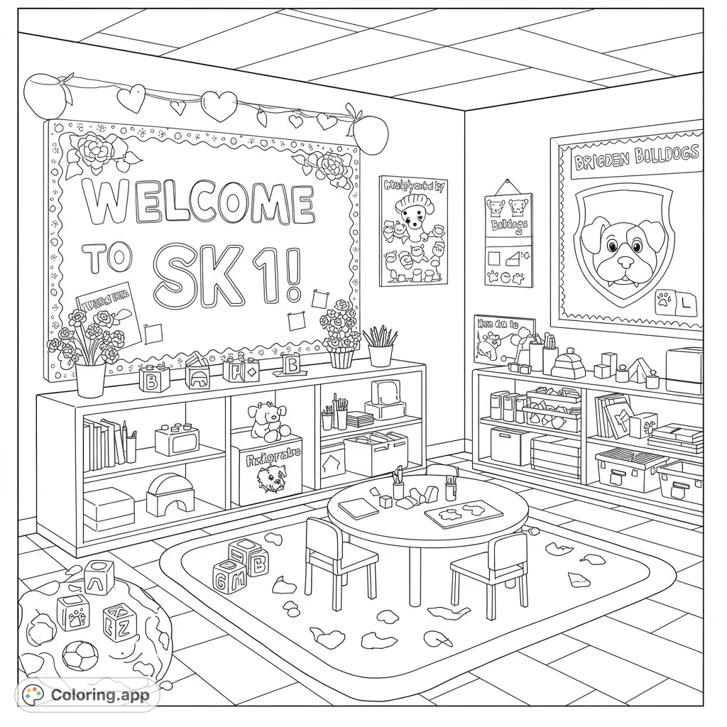 A cheerful kindergarten classroom scene with 'Welcome to SK/1!' in bubble letters, playful items, and a Brigden Bulldogs sign. Perfect for young learners!