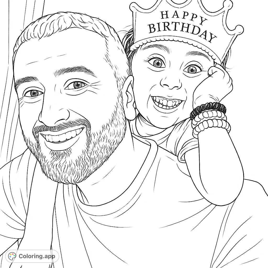 Celebrate joy with this happy birthday coloring page featuring a smiling man and a girl in a crown, perfect for family fun and special occasions.
