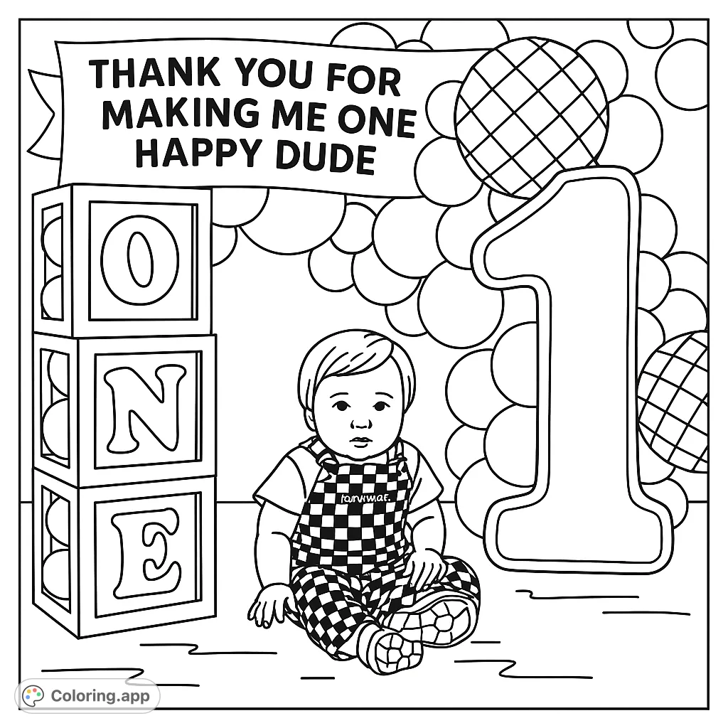 Celebrate a special first birthday with this adorable baby in checkerboard overalls, surrounded by balloons, number one, and "ONE" blocks. A joyful milestone scene!
