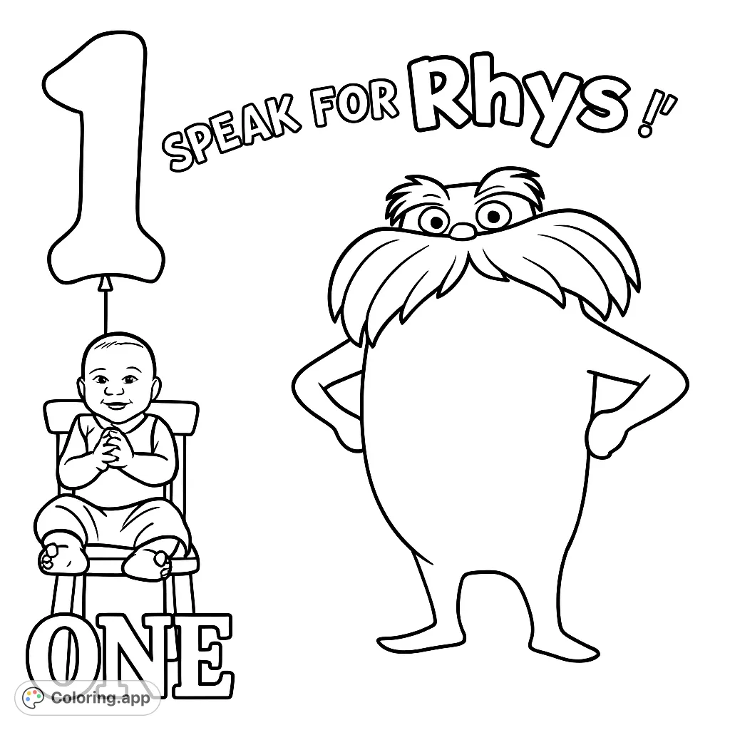 Celebrate a special first birthday with this adorable Lorax-inspired coloring page, featuring a cute baby, a number one balloon, and a beloved character.