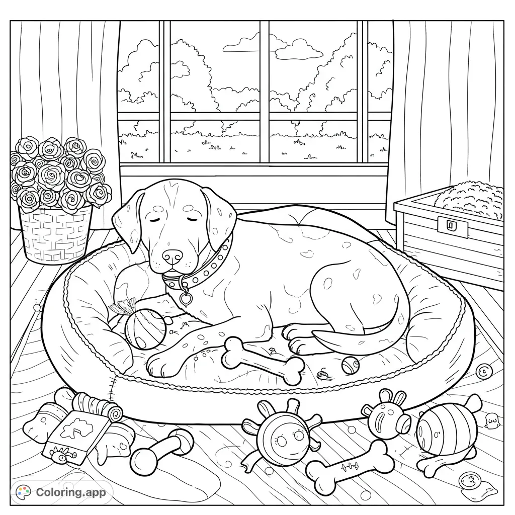 A contented doodle dog relaxes on a plush bed, surrounded by toys, with a decorative collar. Perfect for a simple, charming coloring experience.