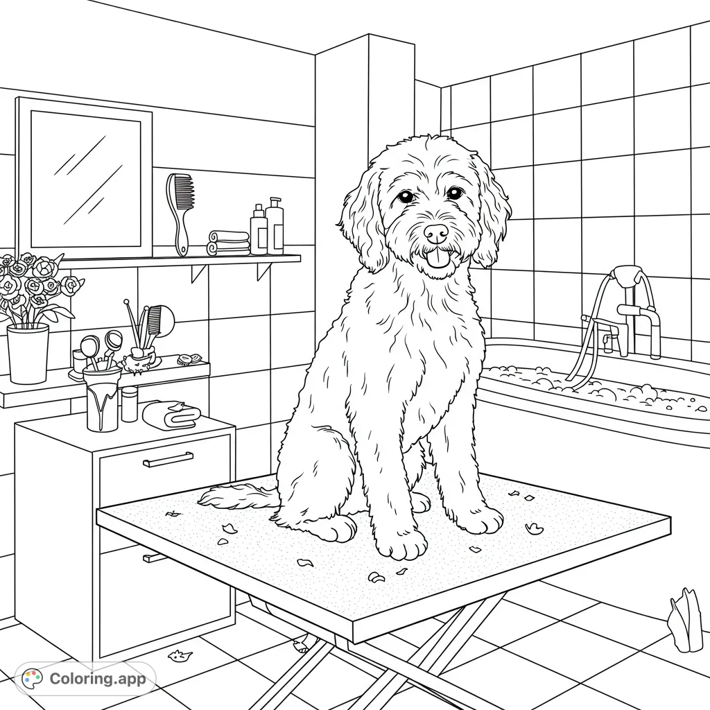 A serene Golden Doodle enjoys a pampered grooming session on a plush table, surrounded by simple tools and a bubbling bath. Perfect for pet lovers!