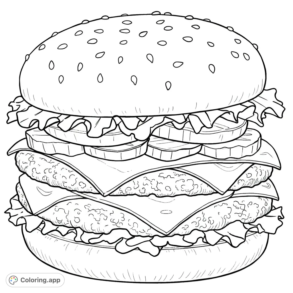 Celebrate with a detailed double-meat hamburger coloring page, featuring two patties, cheese, and fresh toppings, alongside a 'Happy Birthday' message.