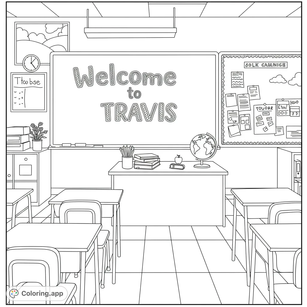 A detailed back to school coloring page featuring a welcoming classroom with school supplies, a globe, and a chalkboard displaying "Welcome to Travis."