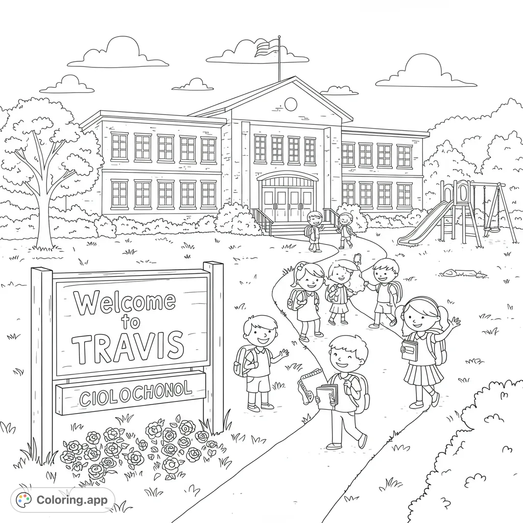 A cheerful school scene with a "Welcome to Travis" sign, children, and a playground, perfect for celebrating new beginnings and school spirit.