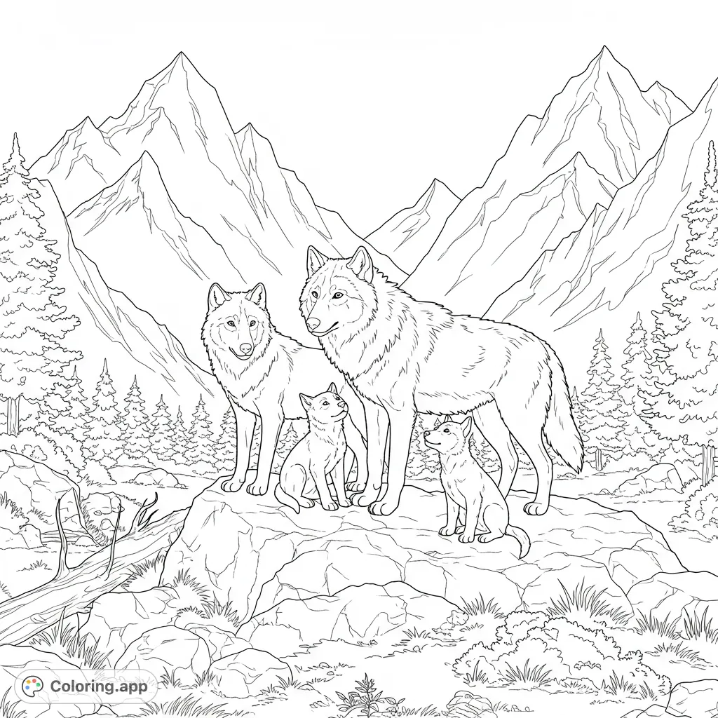 A heartwarming mountain wolf family coloring page featuring adult wolves and playful pups amidst rugged peaks and pine trees. Perfect for nature lovers.