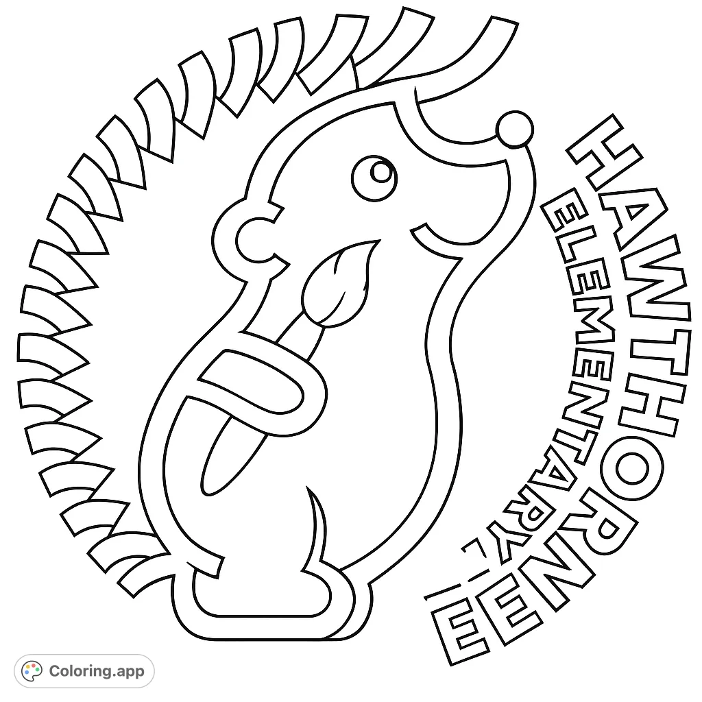 A charming hedgehog mascot within a circular emblem, perfect for school spirit or nature-themed coloring fun. Features a friendly character and bold lines.
