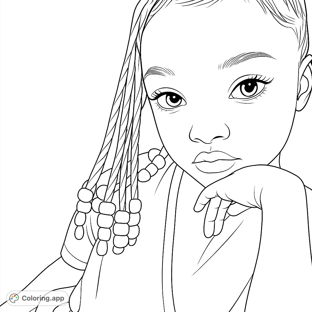 A charming coloring page featuring a young girl with beaded braids and a thoughtful expression, perfect for creative minds to bring to life.