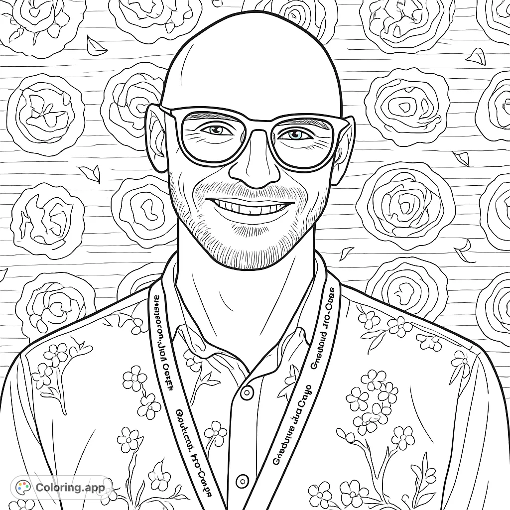 Color a smiling man in a detailed floral shirt and glasses, set against a backdrop of abstract circular patterns. A unique portrait for creative expression.