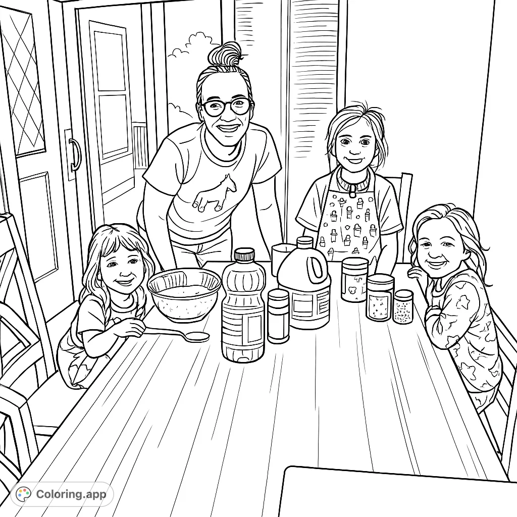Join a family baking adventure! This delightful coloring page features an adult and three children making treats, surrounded by ingredients and smiles. Perfect for all ages.