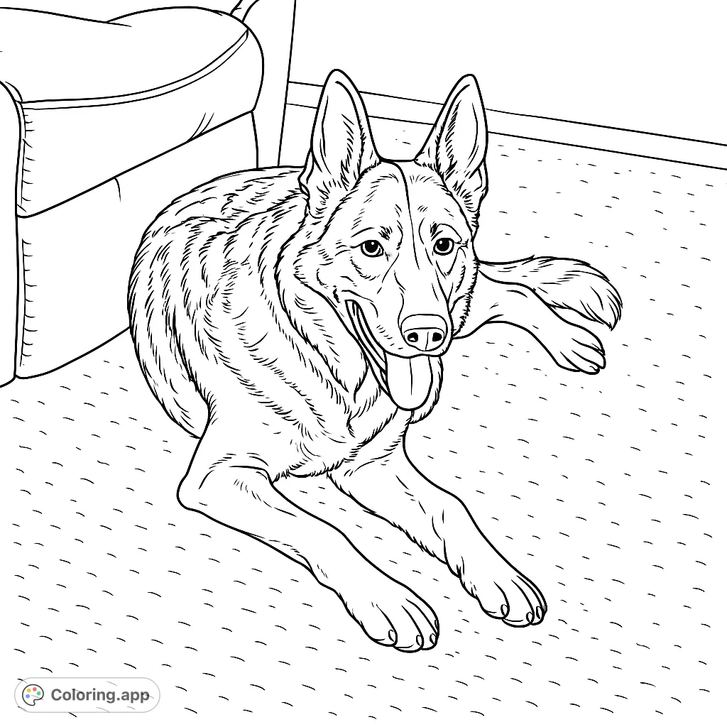 A majestic German Shepherd dog lies peacefully on the floor, its patterned fur and alert expression inviting a creative coloring experience.