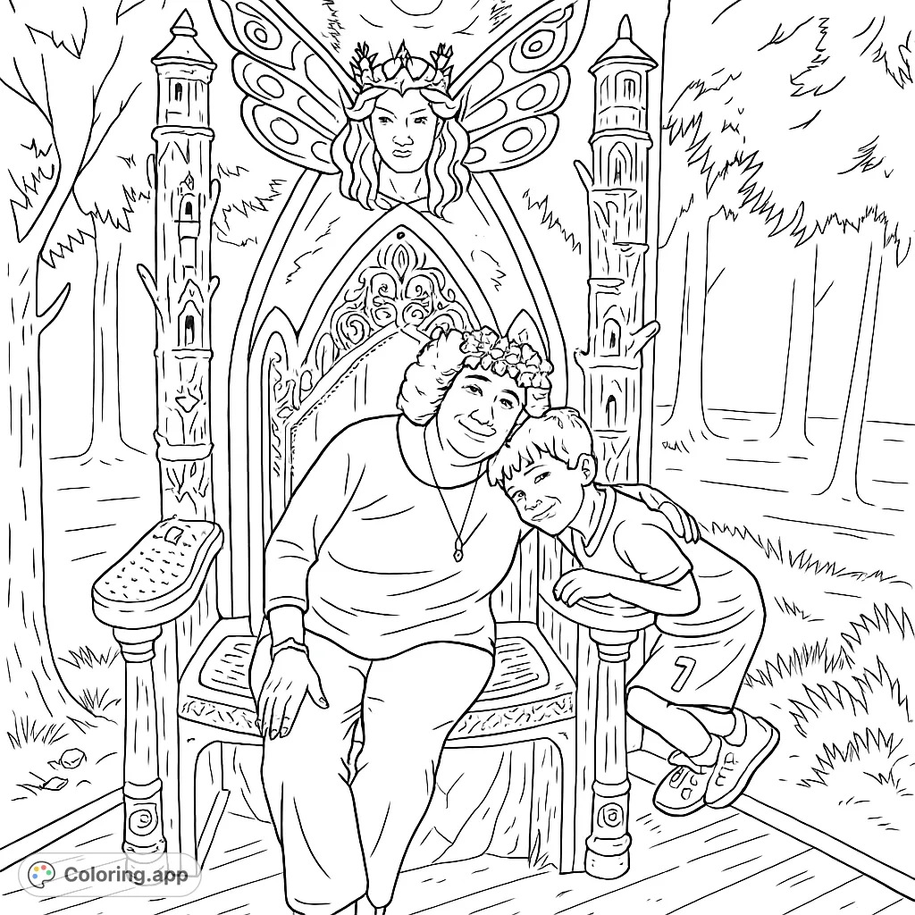 Step into a magical realm with this enchanted forest throne coloring page. Features a grand, intricately carved chair with a fairy queen figure, perfect for fantasy lovers.