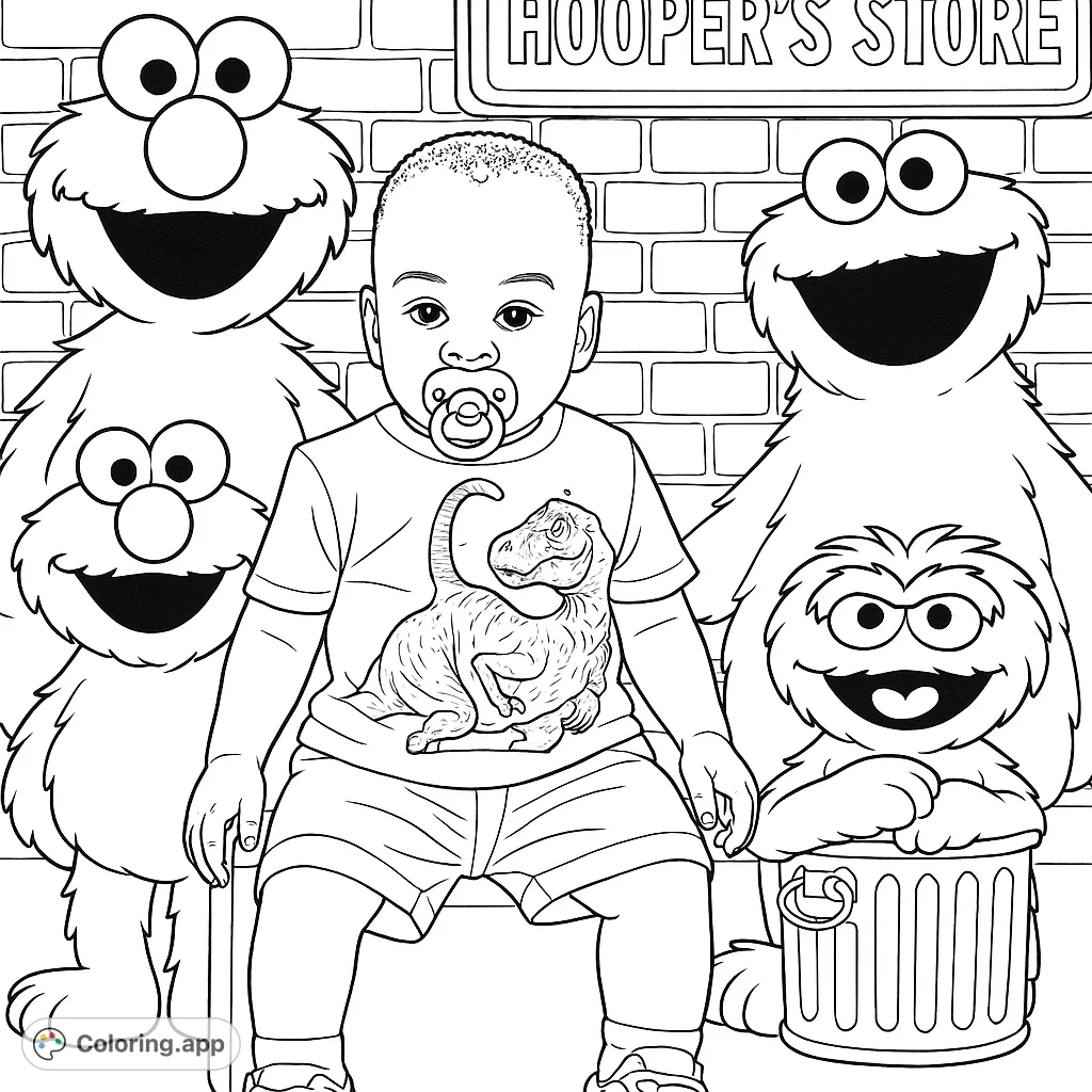 A delightful coloring page featuring a cheerful baby surrounded by beloved Sesame Street characters, perfect for young fans and nostalgic adults.
