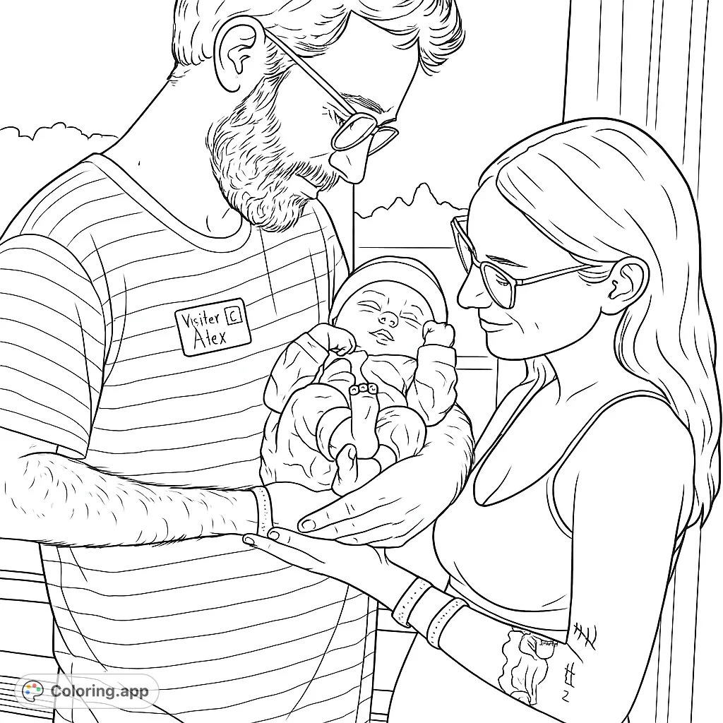 Celebrate new beginnings with this heartwarming coloring page featuring a loving couple cradling their newborn. A tender moment for all ages.