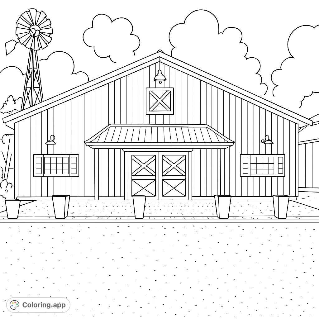 Explore a charming rustic barn coloring page featuring a grand building, a tall windmill, and detailed architectural elements. Perfect for all ages.