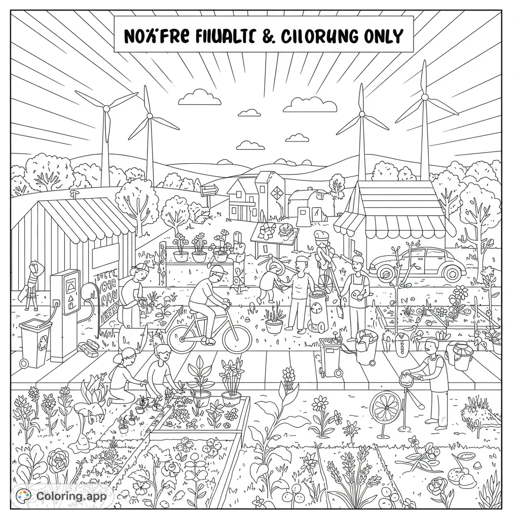 Explore a vibrant community dedicated to climate action! This detailed coloring page features eco-friendly activities like planting, recycling, and renewable energy.
